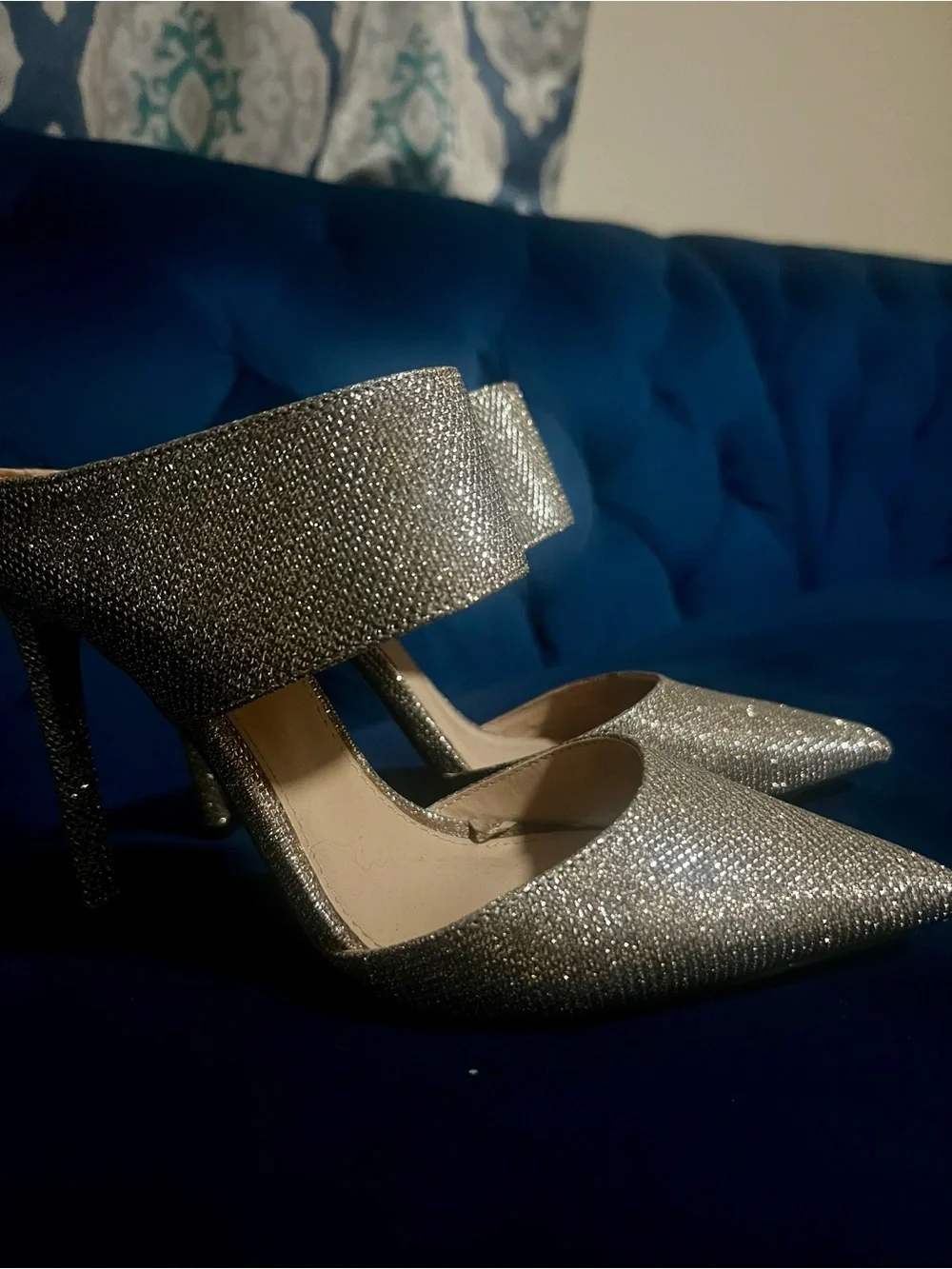 Express Silver Sparkle Pointed-Toe Mule Heels